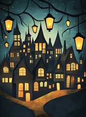 Poster - Nighttime Cityscape with Glowing Windows and Hanging Lanterns