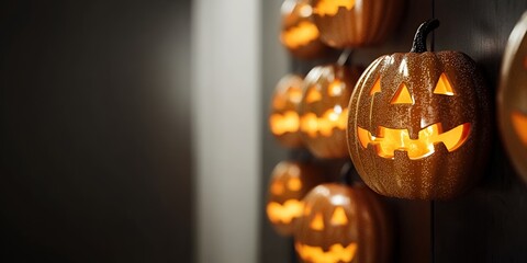 Canvas Print - A row of glowing jack-o'-lanterns hang against a dark background.