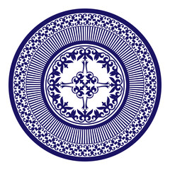 Wall Mural - Beautiful blue and white round Mongols national ornament. Ethnic pattern of the Kazakh, Mongols, Kyrgyz, Buryats. Circle, frame border. For round surfaces, household utensil, textile, embroidery, yurt