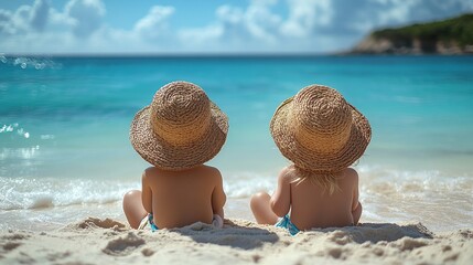 rear view of two toddler children playing on sand beach on summer holiday