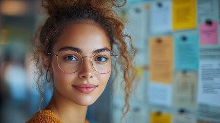 Wall Mural - recrutiment agency employee standing in front of employment noticeboard, helping young woman to search for job