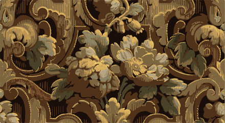 Close-up of ornate brown and gold floral wallpaper.