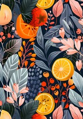 Colorful Floral Pattern With Citrus Fruit