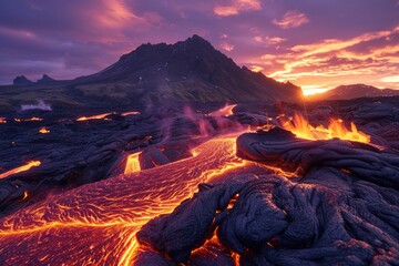 Volcano Lava. Stunning Sunrise Light over Fagradalsfjall Volcano Eruption in Iceland