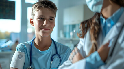 Doctor checking the orthopedic cast, brace on a teenage patient's broken arm. Teenage boy is healing a fracture after an accident