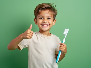 smiling young boy holding a toothbrush and giving a thumbs up, promoting dental hygiene, with a gree