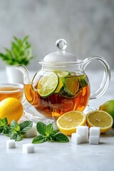 Refreshing Herbal Tea with Lemon and Mint in Glass Teapot on Marble Surface