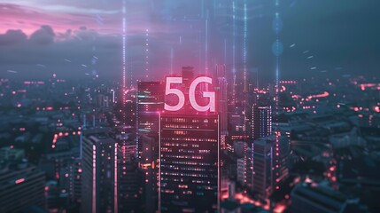 Wall Mural - modern city at night with 5g technology displayed over the skyscrapers, indicating the advancement o