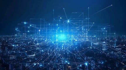 Wall Mural - futuristic cityscape with a network of connections and lines connecting the buildings. the image is 