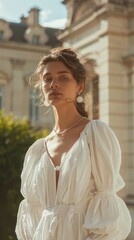 Canvas Print - A woman is wearing a white dress and standing in front of a building. She is wearing a necklace and earrings