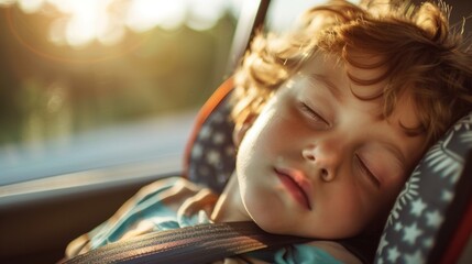 Poster - A young boy is sleeping in a car seat. The scene is peaceful and calming, with the sun shining through the window and casting a warm glow on the child. The child's hair is wavy and his eyes are closed