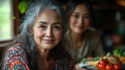 Wall Mural - senior woman in wheelchair with health visitor sitting at the table at home eating