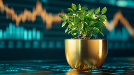 A golden pot with green plant on background of financial chart.