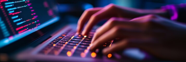 close-up of hands typing code on a purple-lit laptop, emphasizing innovation in software development