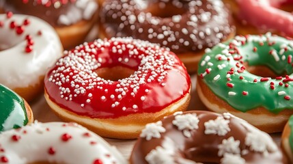 Wall Mural - Christmas-themed donuts decorated with red, green, and white icing, Generative AI