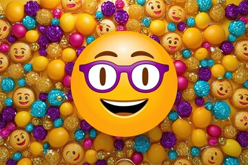 Wall Mural - Cute Happy Emoji Character with Glasses for Cheerful Background Decoration