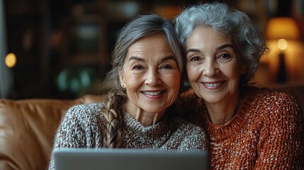 Wall Mural - senior woman with her mother with laptop at home