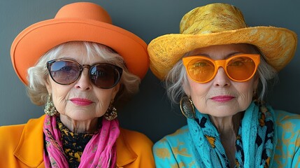 Sticker - senior women twins in colourful clothes in city shopping