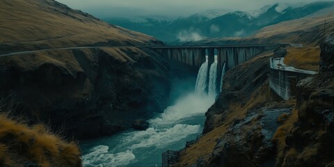 A hydroelectric dam releasing water with powerful currents at sunset, showcasing sustainable energy and industrial infrastructure