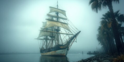 Haunting scene of a tall ship docked in San Diego harbor. Weathered vessel with detailed rigging stands against an overcast sky, exuding history and mystery reminiscent of North America's oldest ships