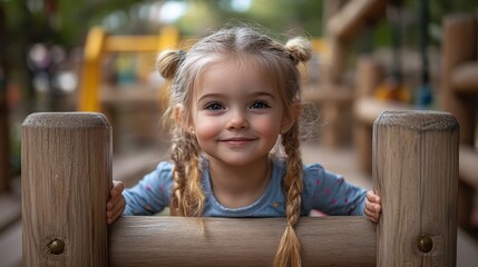 Wall Mural - small girl outdoors on wooden playground in garden in summer playing