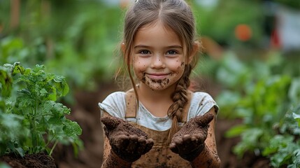 Wall Mural - small girl with dirty hands outdoors in garden sustainable lifestyle concept