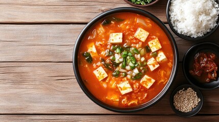 A top view of a Korean spicy tofu soup with rice and side dishes, leaving room for copy space.