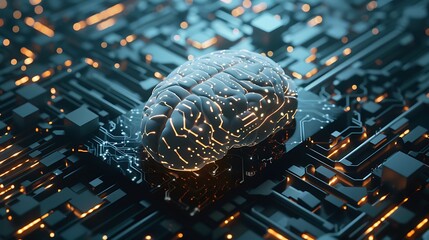Wall Mural - 3d rendered brain model on a circuit board with glowing lights representing artificial intelligence.