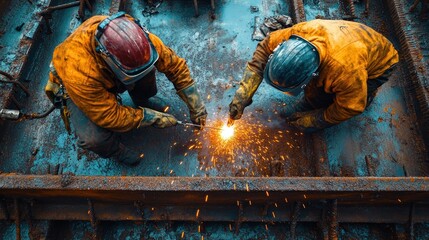 Two workers welding in a construction site, sparks flying.