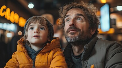 Wall Mural - son, father watching football in tv drinking beer, enjoying exciting dramatic match screaming cheering loudly fathers day family, spending time together