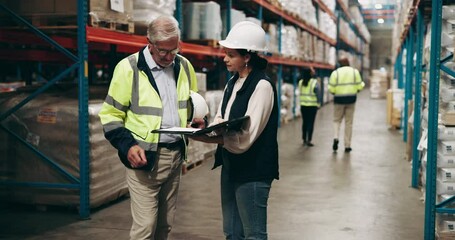 Canvas Print - Business people, team and handshake with checklist at warehouse for quality control or logistics. Businessman and woman shaking hands with documents for storage, supply chain or distribution at depot