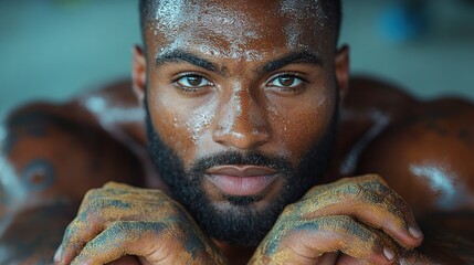 Wall Mural - strong man exercising in gym looking at chalk on his palms routine workout for physical, mental health