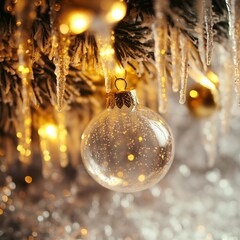 Wall Mural - elegant clear glass christmas ornament hanging from a green pine branch, with warm bokeh lights in t