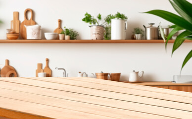 Poster - A wooden countertop in a kitchen setting with a blurred background of shelves and kitchen utensils.