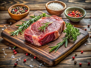 A beautiful slice of raw and juicy beef steak lies on a rustic wooden cutting board, adorned with