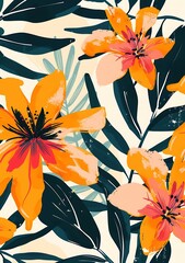 Poster - Tropical Floral Pattern with Orange Flowers and Green Leaves