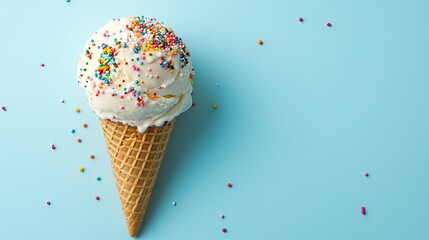 Ice cream cone with sprinkles, viewed from above, with ample space for copy text.