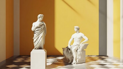 Poster - Two White Marble Statues in a Yellow Room