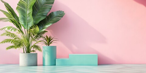 Poster - Minimalist Green Plants and Turquoise Platforms Against Pink Wall