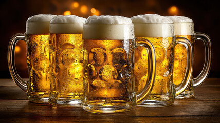 Beer Mugs and Foamy Beer with Lights