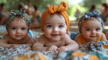 Canvas Print - top view of babies lying on picnic blanket group picnic outdoor in park