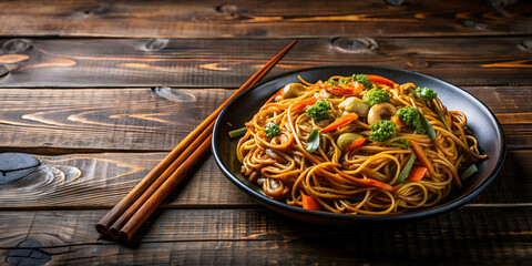 Yakissoba dish served on a rustic wooden table , Asian cuisine, stir-fried noodles, traditional, savory, tasty, meal, dinner