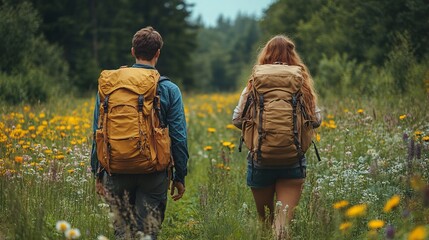 Canvas Print - travellers couple hiking on easy trail in nature with backpacks young tourist spending summer vacation oudoors