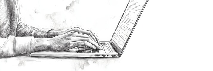 Side view sketch of hands typing on a laptop with coding on screen, representing programming and IT development work.