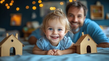 Poster - two toddler children with father playing with paper house indoors at home