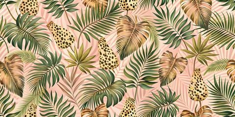 Summer botanical seamless pattern with tropical leaves, leopard spots, and animal skin print in pastel gold rose pink color