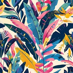 Colorful Tropical Leaves Seamless Pattern Illustration