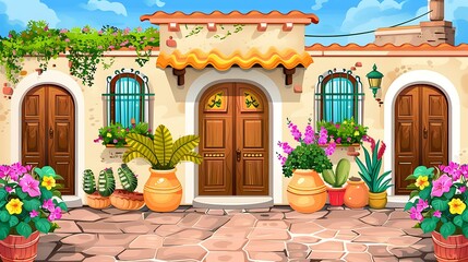 Wall Mural - Beautiful Cartoon Illustration of a Spanish Style House