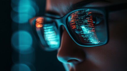 Focused programmer with coding reflected in glasses, looking at the screen. Software development and programming concept.