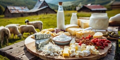 A variety of dairy products including milk, cheese, and yogurt beautifully arranged on a rustic wooden table amidst a blooming meadow with sheep in the background.